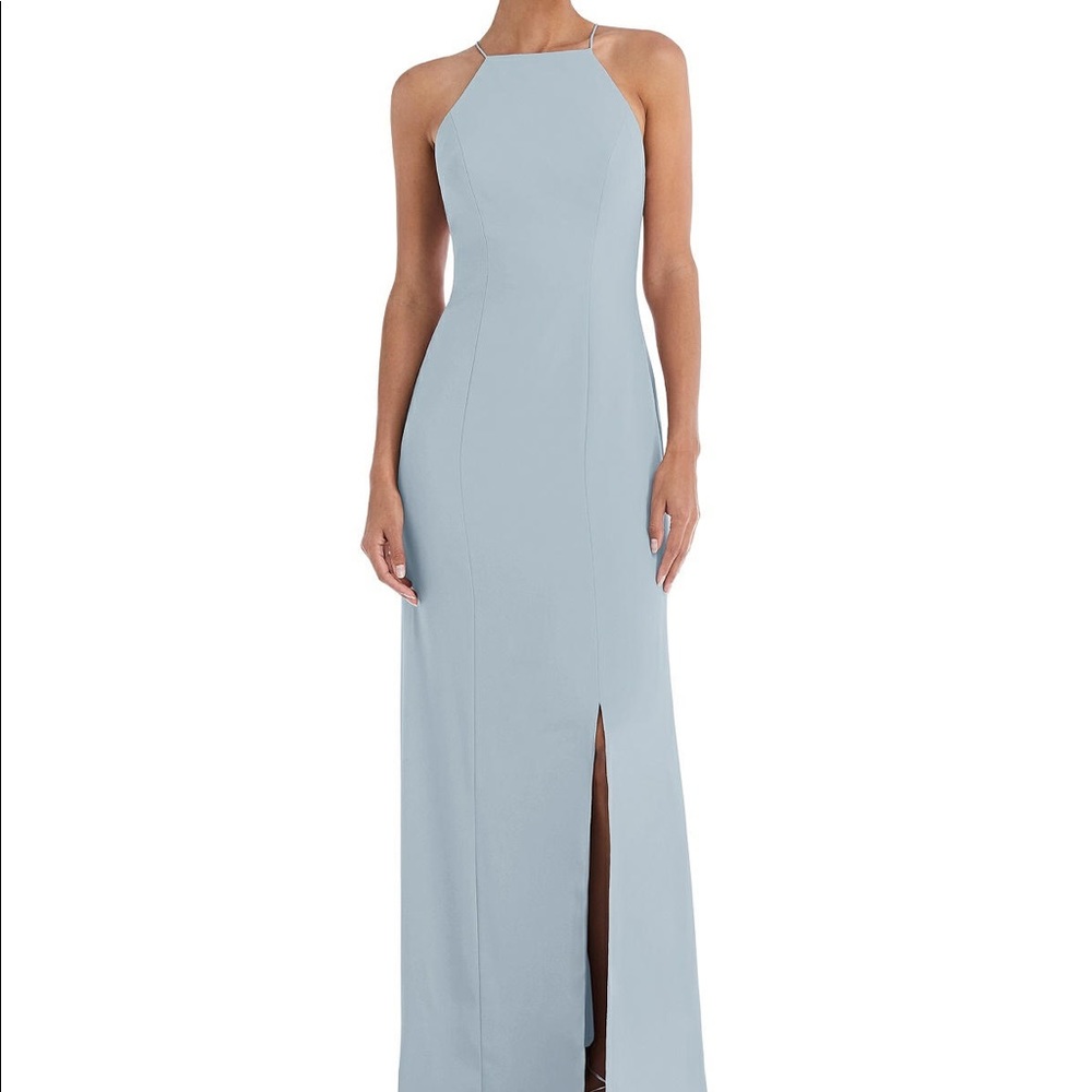 Dessy Mist Crepe-Style Open Back High-Neck Halter Trumpet Gown Sz 8 bridesmaid